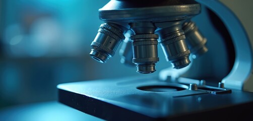Fototapeta premium Detailed close-up of optical microscope lens in laboratory. Scientific instrument, microbiology and chemistry equipment. Research and study for medical, science, and education, analyzing samples.