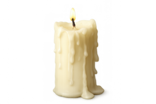 Burning candle with melting wax creates a warm glow on a transparent background, evoking feelings of romance and tranquility