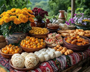 Colorful array of fresh, local foods on a rustic table setting