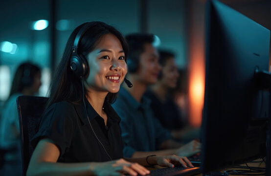 Asian woman working night shift in modern call center office with headset. Smiling customer service representative using computer. Colleagues working in background. Nighttime overtime, tech support - Powered by Adobe