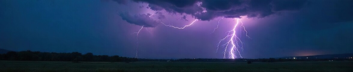 Dramatic Lightning Strike Illuminates Rural Landscape Intense Thunderstorm Over Dark Ominous Sky