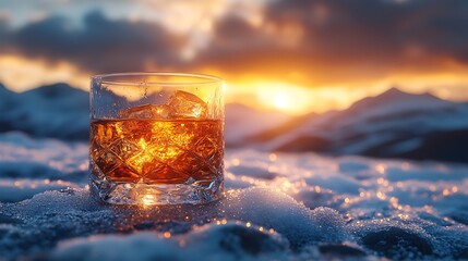 Whiskey in a glass at sunset over mountain landscape
