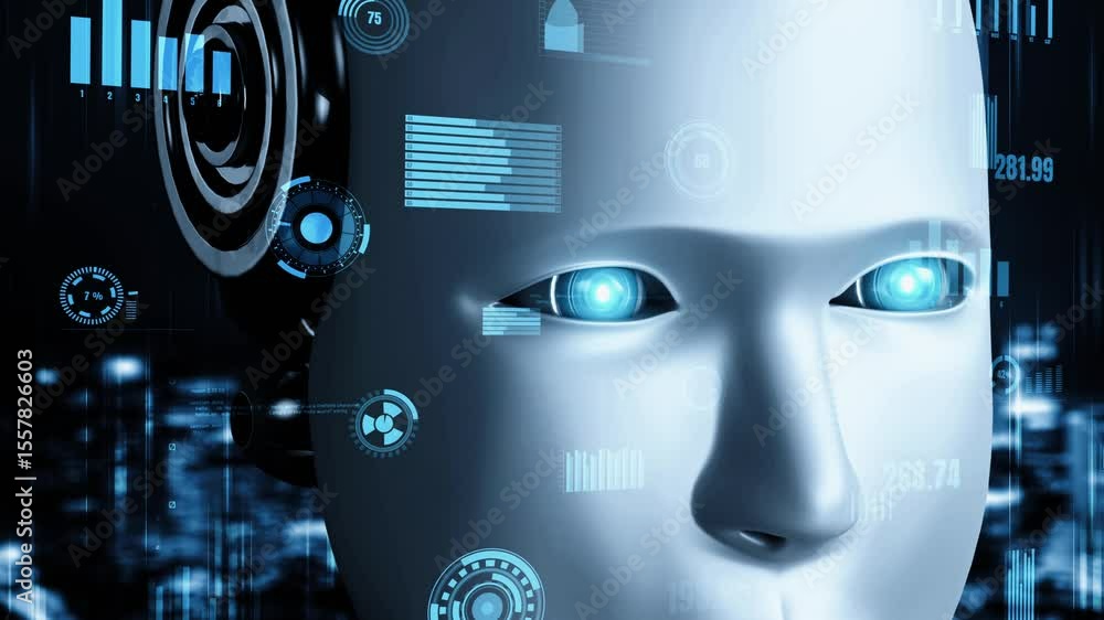 Poster futuristic robot artificial intelligence huminoid ai for industrial factory technology development a