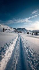 Wide-angle photograph of cross-country ski tracks leading into a snowy landscape with mountains in the background and a bright sun