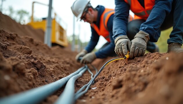 Workers in safety gear dig trench for fiber optic cable installation. Men install cables, using trench machine. Detailed view of the process, cables, ground, dirt and construction.