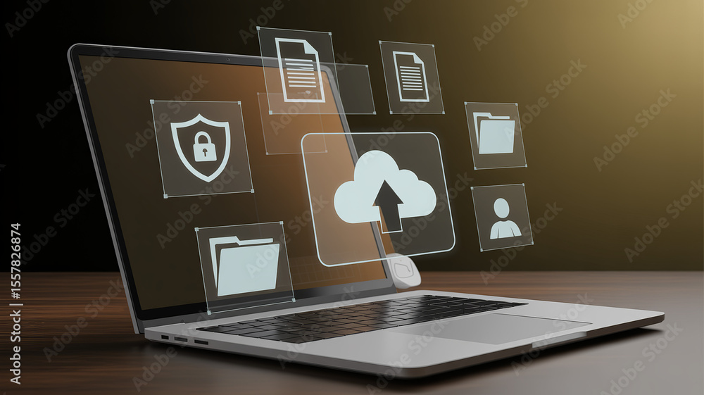 Aufkleber cloud computing with laptop: a sleek laptop, the centerpiece of this visual, showcases an array of d