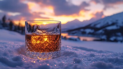 Whiskey glass on snow at sunset