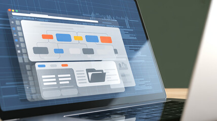 Code Design on Laptop Display: Displaying the flow of code and functions through a diagramming program on a laptop, the shot emphasizes the complexity of software development.