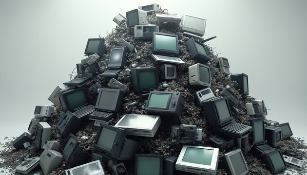 Pile of obsolete electronics. Broken household appliances, computers, monitors, tablets, phones on white background. Electronic waste recycling concept. Global environmental issues, e-waste - Powered by Adobe