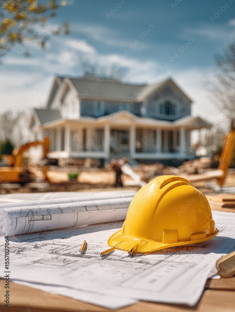 Poster construction site photo shows blueprints of new house with yellow hard hat. site preparing for build