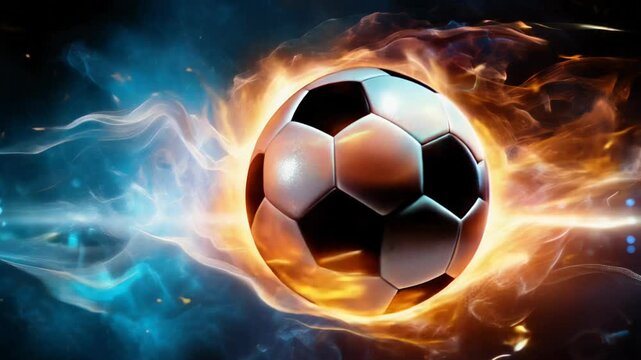 Football socer ball on football play, flying burning ball net over blue background with copy space, goal concept