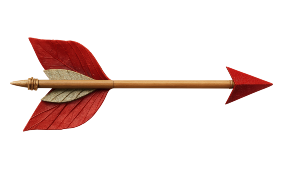 Elegant Red Decorative Arrow with Leaf Design, Perfect for Illustrations, Designs, and Crafts, Isolated on Transparent and White Background