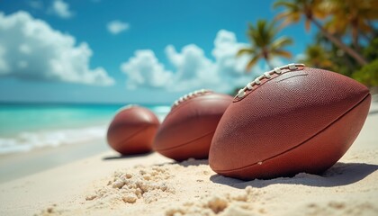 Footballs resting on tropical sandy beach under clear blue sky. Balls placed on sand near turquoise water. Palm trees, sunlight create vacation atmosphere, leisure, fun. Perfect for sports, travel,