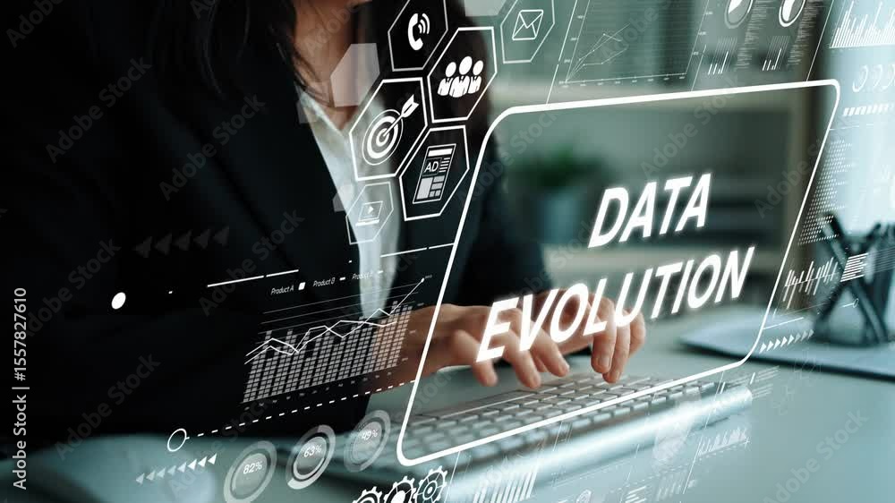 Poster business professional analyzing data trends with digital interface and graphs for innovative solutio
