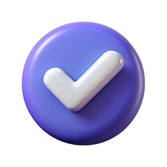 3d rendered check mark icon on a purple circle button against black background