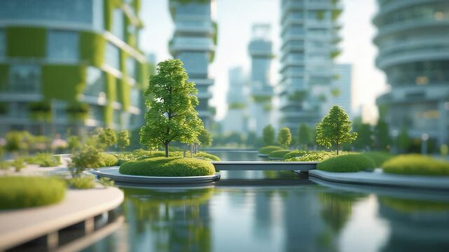 Futuristic Eco Cityscape with Green Skyscrapers, Trees, and Water Canals on a Bright Sunny Day

