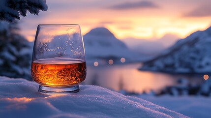 Whiskey glass on snowy landscape sunset view