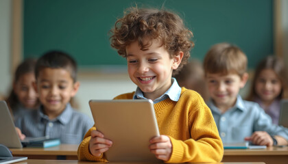 Happy boy uses tablet in school class with peers. Children learning with tech in classroom, digital education, modern learning. New school year starts for elementary grade students.
