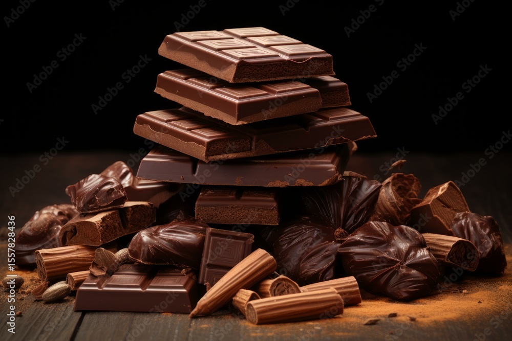 Poster chocolate bars creating a visually appealing stack, accompanied by cocoa powder and cinnamon sticks,