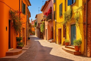 Fototapeta premium Picturesque narrow street with colorful houses in tuscany, italy, is shining on a sunny summer day