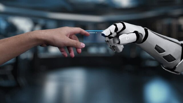 A human hand reaches toward a robotic arm amid a digital landscape displaying various programming languages, symbolizing the collaboration between humans and technology in today world. Auvana