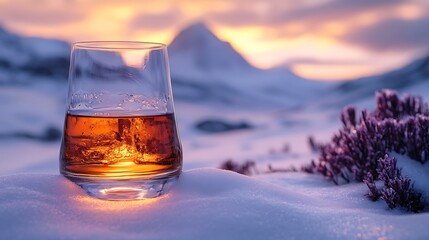 Glass of drink on snow mountain sunrise