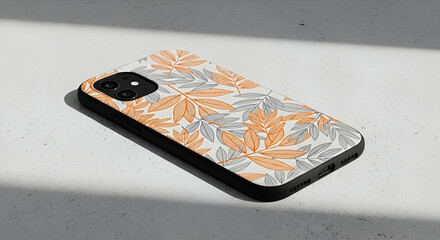 Stylish Phone Case with Orange and Gray Leaf Design on a Minimalist Surface for Modern Phone Accessories Photography