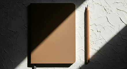 Minimalistic Brown Notebook and Pencil on Textured White Background Casting Dramatic Shadows for Creative Inspiration and Writing Enthusiasm