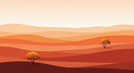 Serene Desert Landscape with Gentle Waves of Warm Orange and Soft Yellow Trees Against a Calming Horizon in a Minimalist Art Style