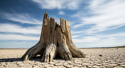Majestic Dead Tree Stump Standing Alone in Parched Desert Landscape with Cracked Ground and Clear Blue Sky
