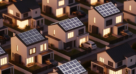 Modern homes with solar panels at dusk showcasing energy efficiency and sustainability in a suburban neighborhood with glowing lights and green landscaping