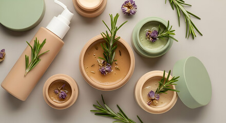Natural Skincare Creams with Rosemary and Lavender Flowers on a Minimalist Background for Wellness and Self-Care Promotion