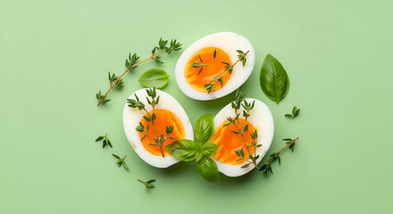 Freshly Cooked Soft Boiled Eggs Surrounded by Green Herbs and Basil Leaves on a Light Green Background for Culinary and Food Photography