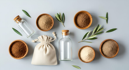 Aesthetic Arrangement of Natural Powders and Herbs in Bowls, Glass Jars, and Fabric Bags on a Soft Gray Background with Olive Leaves for Wellness and Health