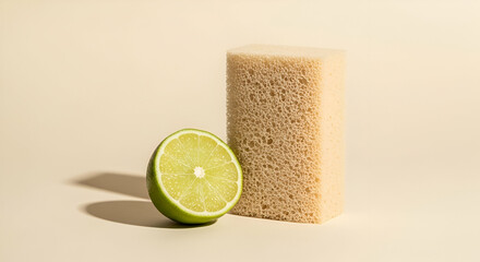 Fresh Lime Next to Natural Sponge on Light Background Showcasing Cleanliness and Freshness in Culinary and Household Contexts