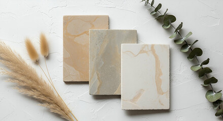 Elegant and Stylish Marble Texture Samples with Natural Elements on Minimalist Background for Interior Design or Decoration Projects