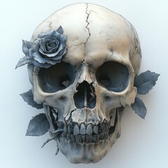 A skull adorned with a delicate blue rose and leaves