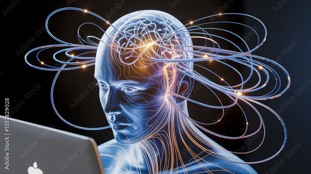 Aufkleber brain activity and technology: a striking digital representation of a person engrossed in technologi