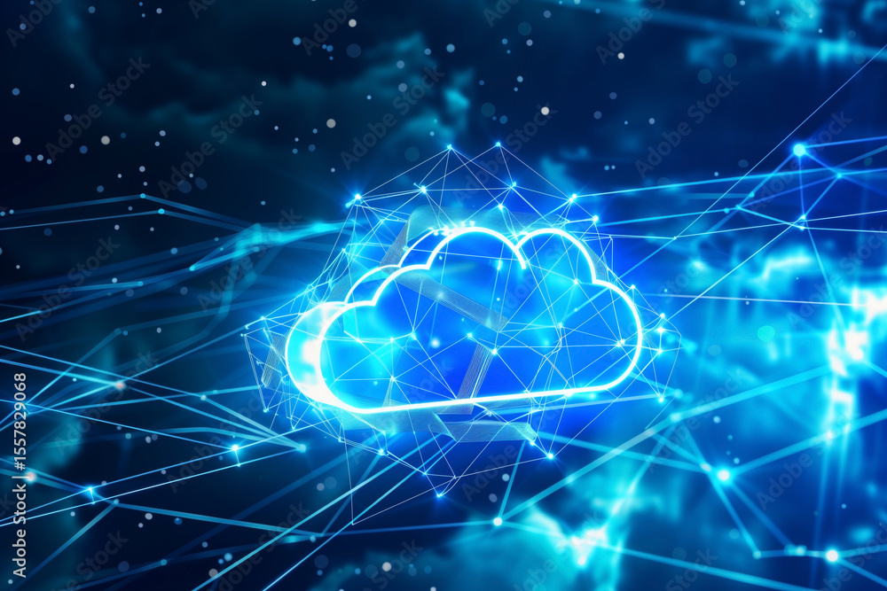 Poster an abstract representation of cloud computing is depicted through a radiant blue cloud symbol interc