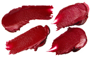 Set of glossy red lip gloss smears on empty background