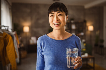 portrait of one japanese mature woman with glass of water at home