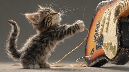 A playful kitten batting at the strings of a guitar being played