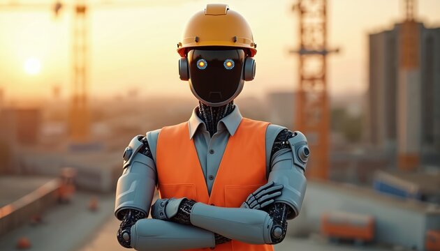 Futuristic robot construction worker stands with arms crossed. Digital transformation, automated construction site, sunset background, industrial tech, engineering, AI innovation concept.