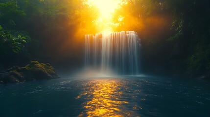 Golden waterfall in lush forest
