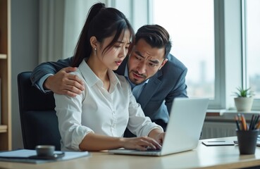 Asian woman molested by man in office. Businessman touches female colleague shoulder. Sexual harassment at workplace concept. Uncomfortable, angry, unhappy, rejected emotions. Gender inequality,