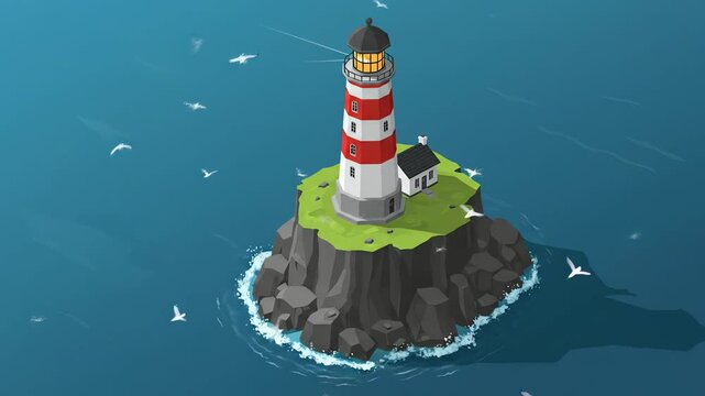 Lighthouse on rocky islet with redwhite tower small building in blue sea with scattered seagulls