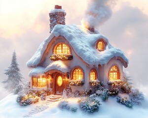 Snowy, cozy cottage at dawn
