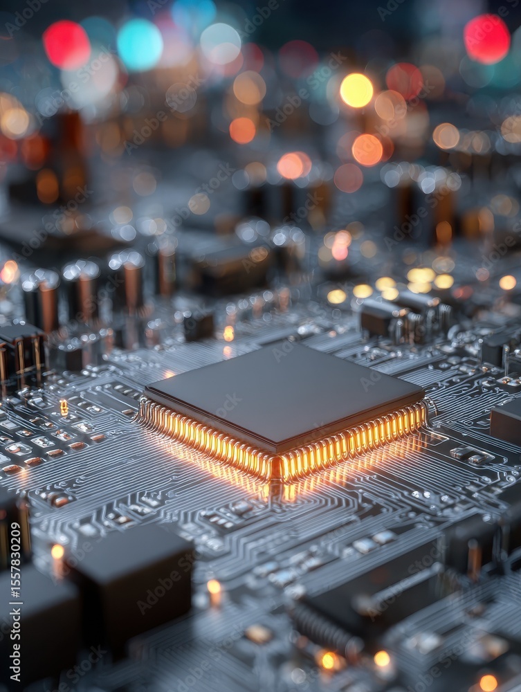 Poster detailed view of a microchip on a circuit board with illuminated components at night
