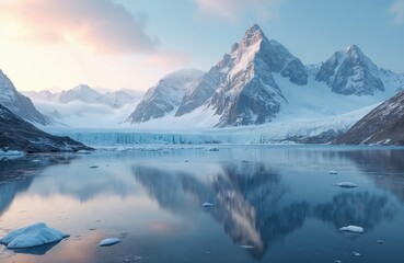 Mountain landscape with snow, iceberg in lake. Winter scenic view of nature. Glacier, ocean reflections. Travel, tourism, holidays, vacation destination. Misty, foggy environment. Blue sky background.