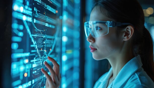 Young female scientist in high-tech lab observes digital data, scientific networks. Woman wears protective glasses. Modern tech innovation research, analysis, data processing, science, futuristic - Powered by Adobe
